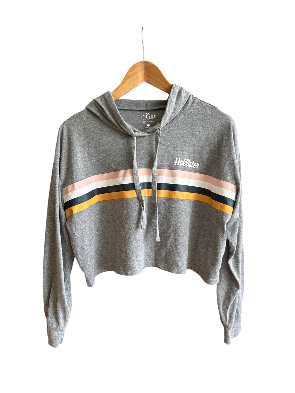 Hollister Womens XS Cropped Hoodie Gray Retro Stripe Boyfriend Tee Logo